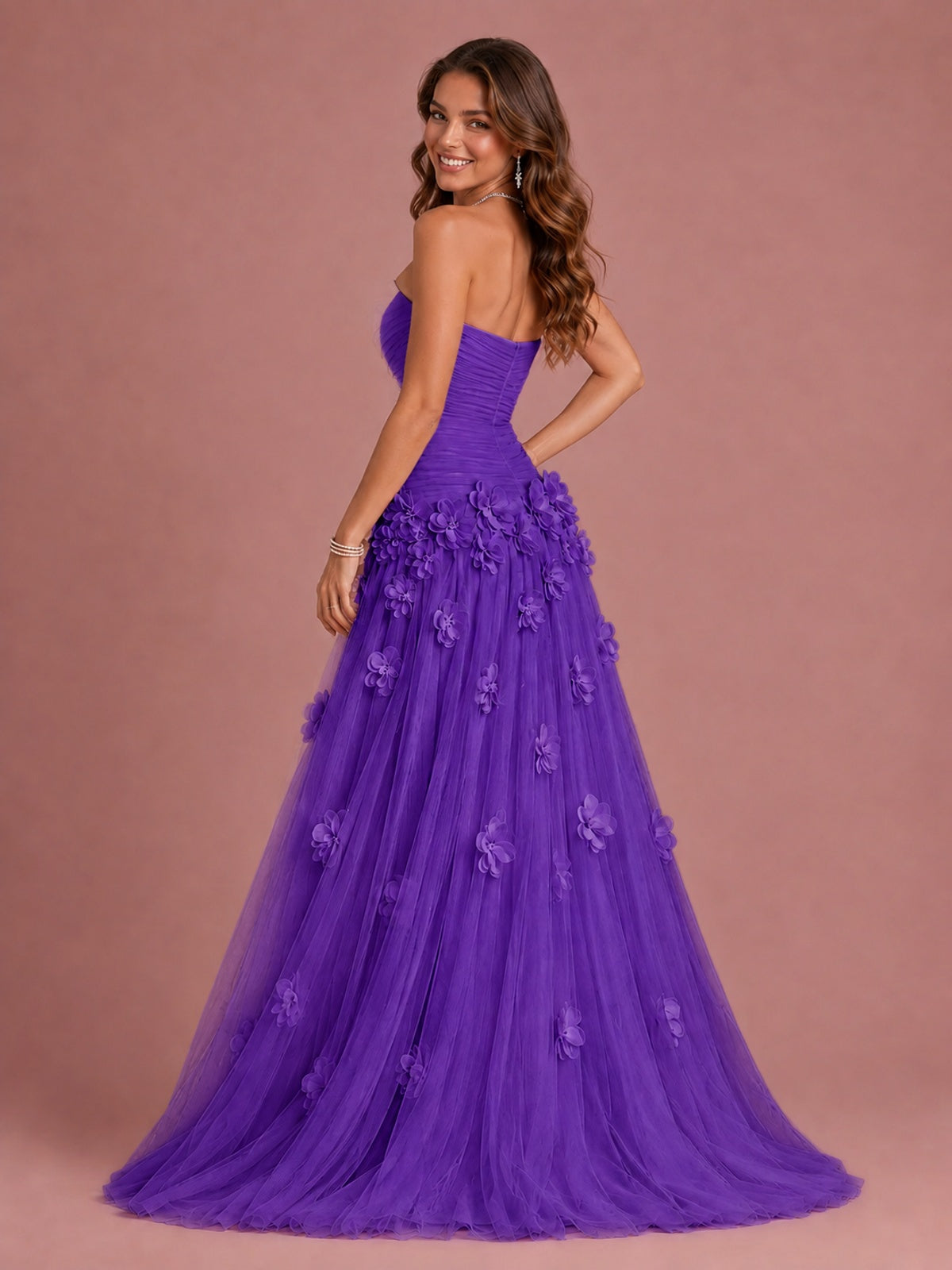 Blush Pink Strapless Sweetheart 3D Floral Tulle Ball Gown Prom Dres