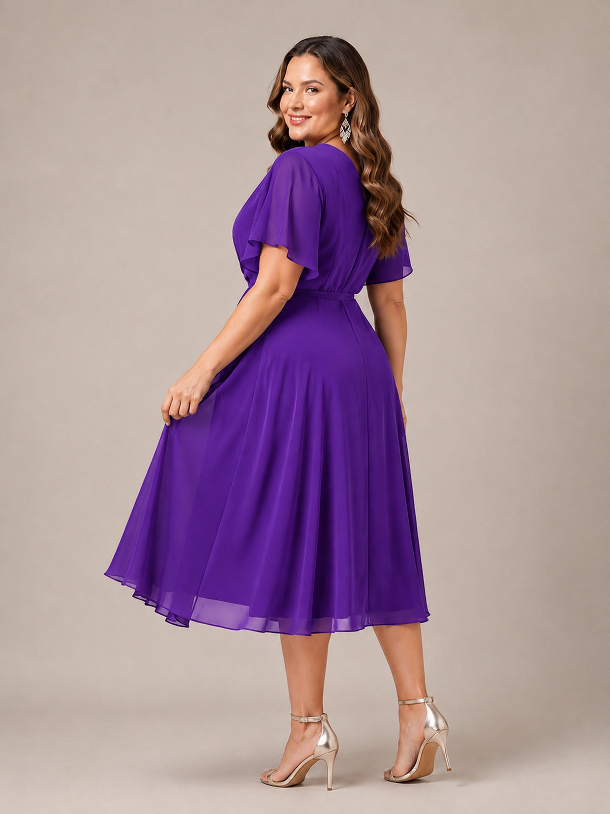 Navy Blue A-Line V-Neck Tea-Length Mother of the Bride Dress