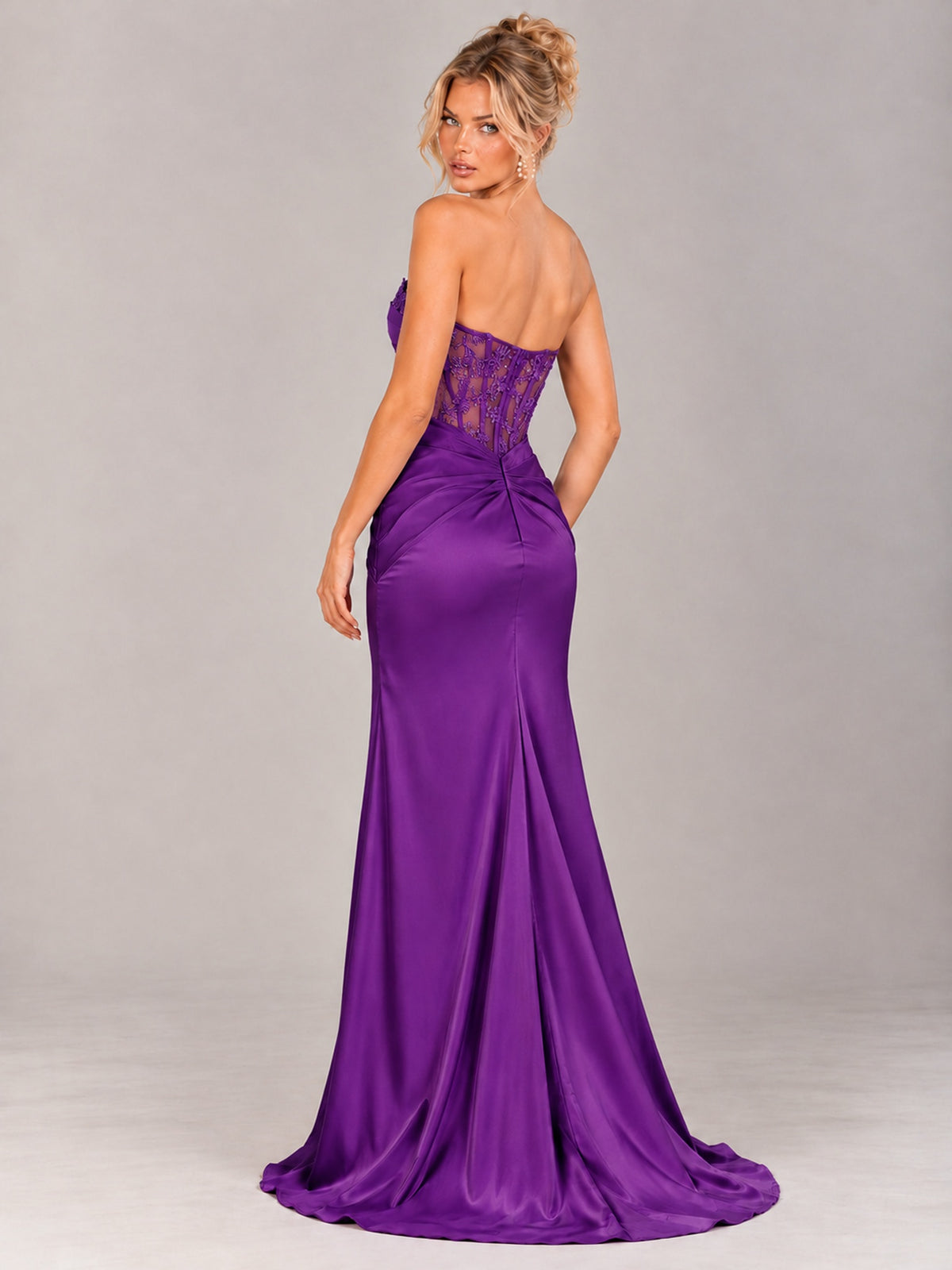 Strapless Satin Prom Dress with Sheer Lace Corset & High Slit