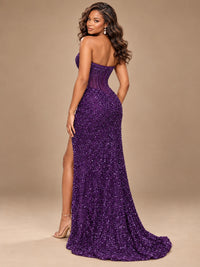 Gold Sequin Strapless Corset Prom Dress with High Slit