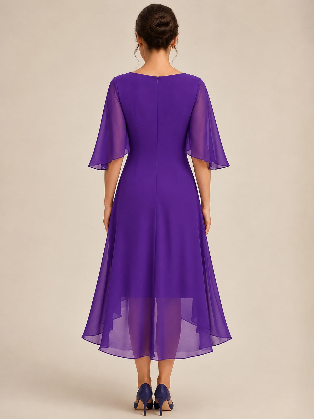 Cowl Neck Ruched Chiffon Mother of the Bride Dresses with Flutter Sleeves