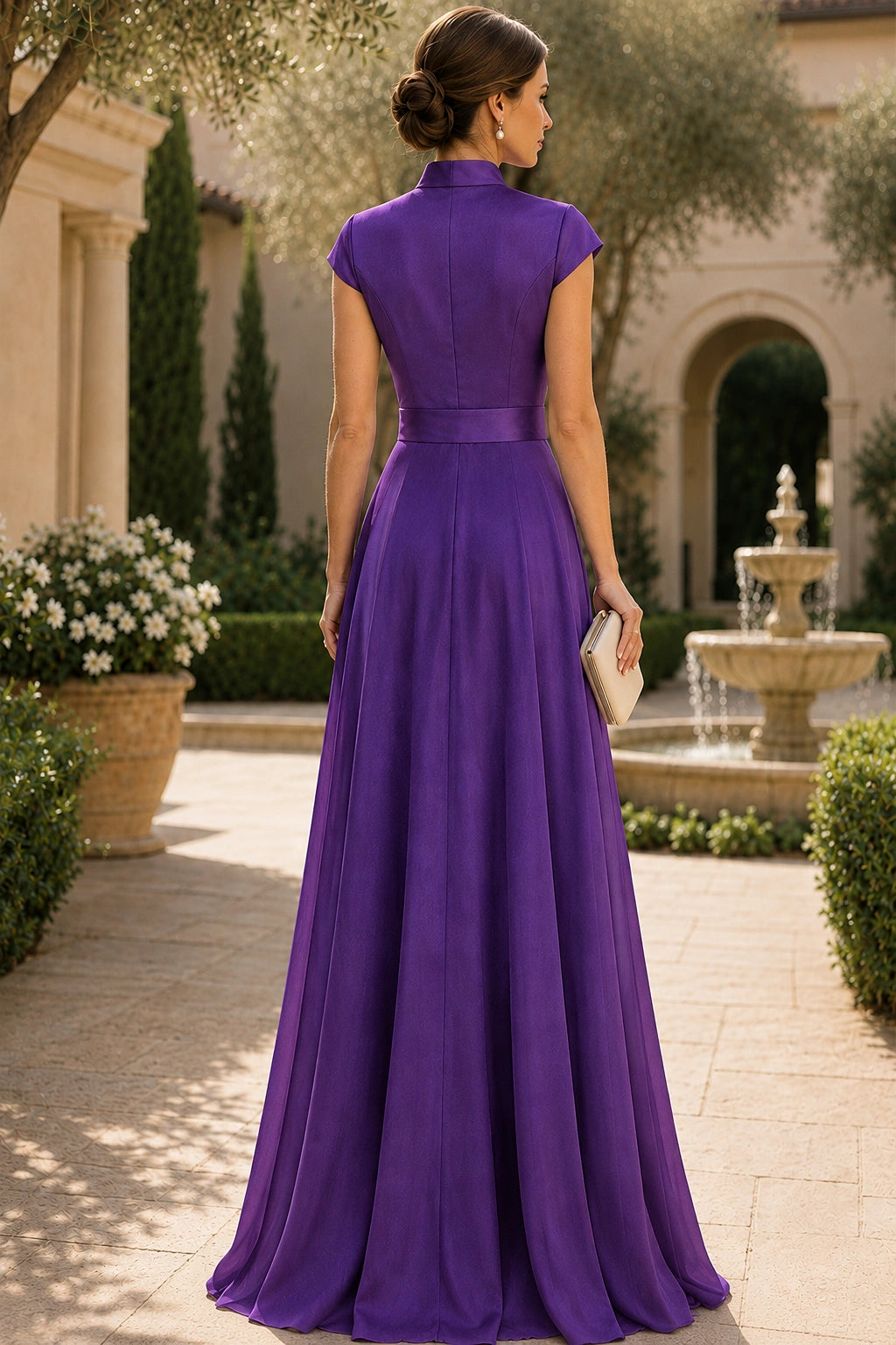 V Neck Cap Sleeve A-Line Floor-Length Satin Bridesmaid Dress