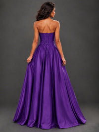 Draped Satin Prom Dress Strapless A-line Formal Dress Floor Length