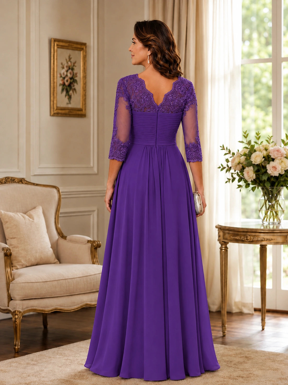 Chiffon Lace Applique Mother of the Bride Dress with 3/4 Sleeves