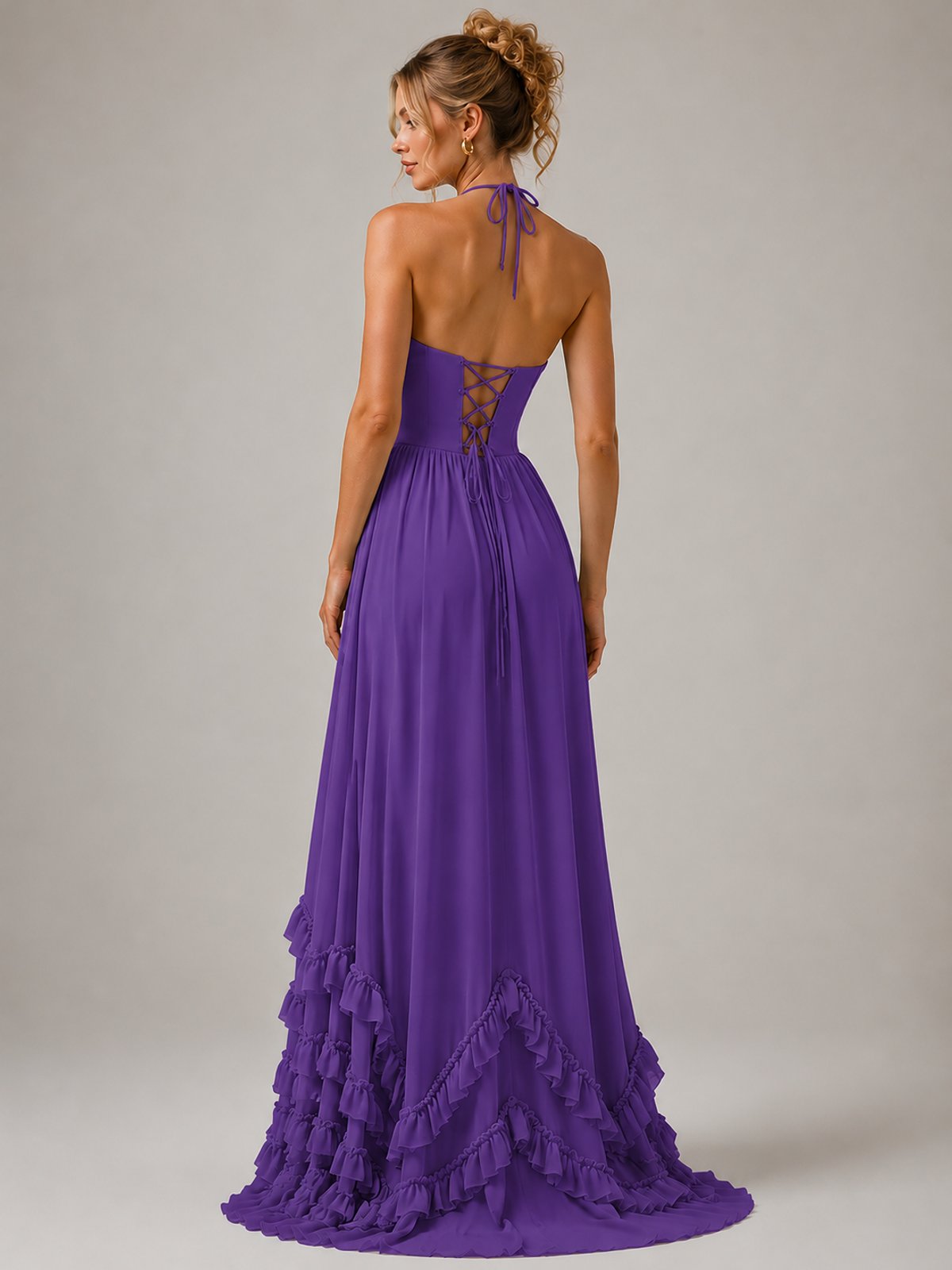 Halter V Neck Chiffon Formal Dress with Lace-Up Back and Ruffle Hem
