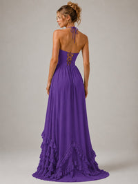 Halter V Neck Chiffon Formal Dress with Lace-Up Back and Ruffle Hem