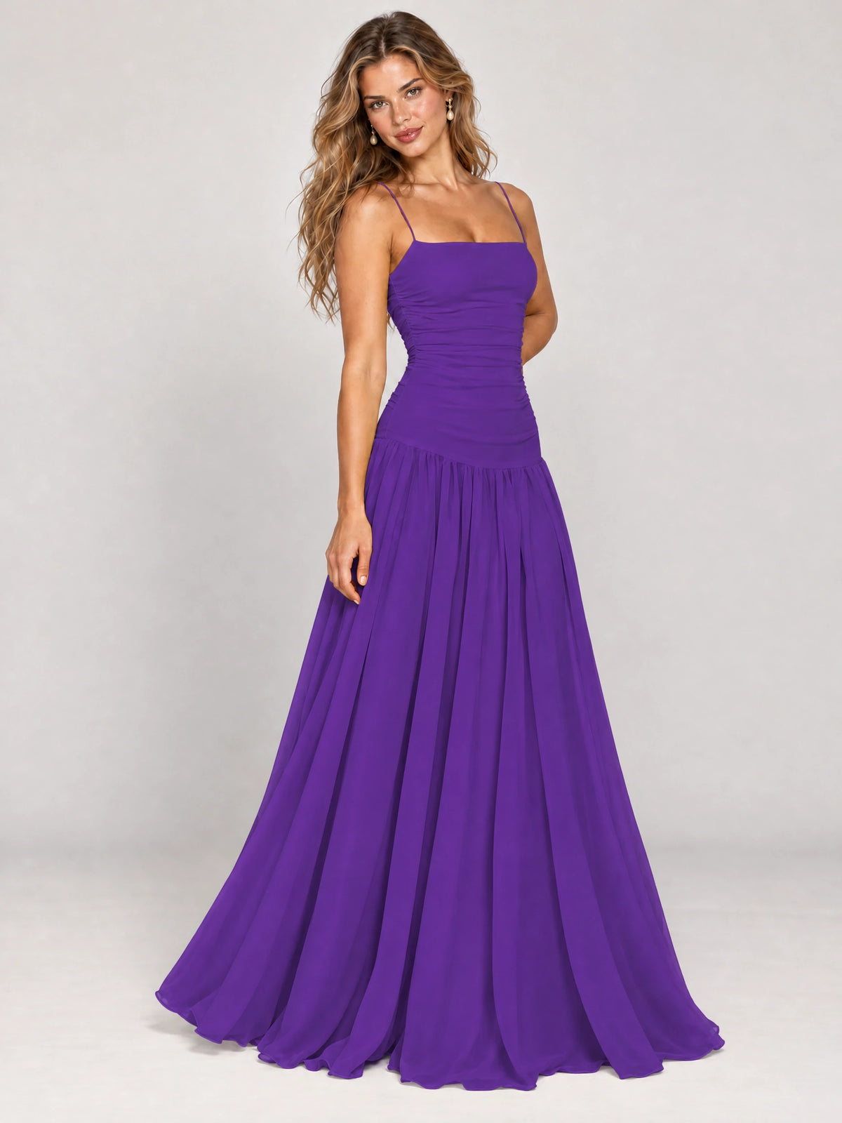 Butter Yellow Ruched Spaghetti Strap Drop-Waist Prom Dress