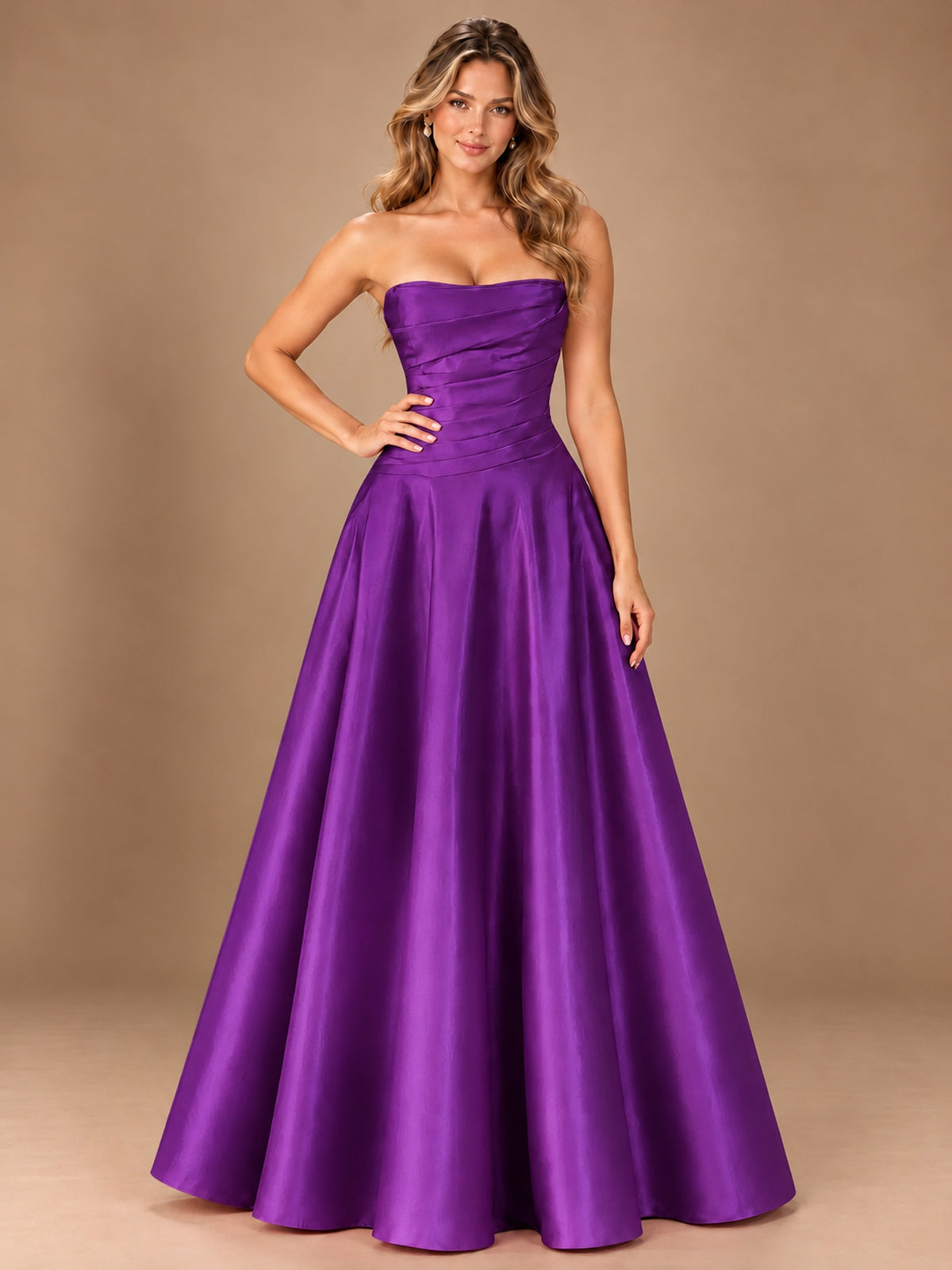 Blush Pink Strapless Satin A-Line Prom Dress with Ruched Bodice
