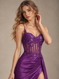 Mermaid Satin Prom Dress with Floral Appliqué Corset and High Slit