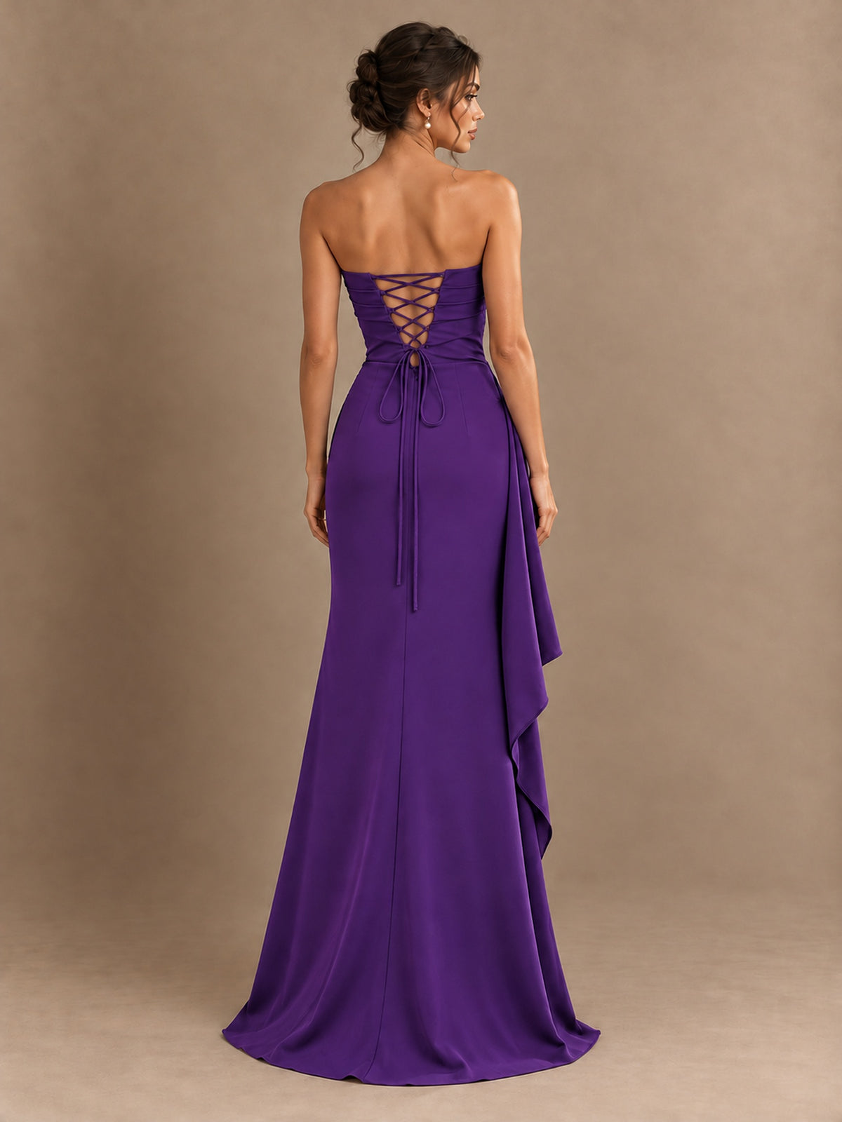 Black and White Strapless Ruched Prom Dress with High Slit & Side Drape