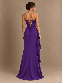 Black and White Strapless Ruched Prom Dress with High Slit & Side Drape