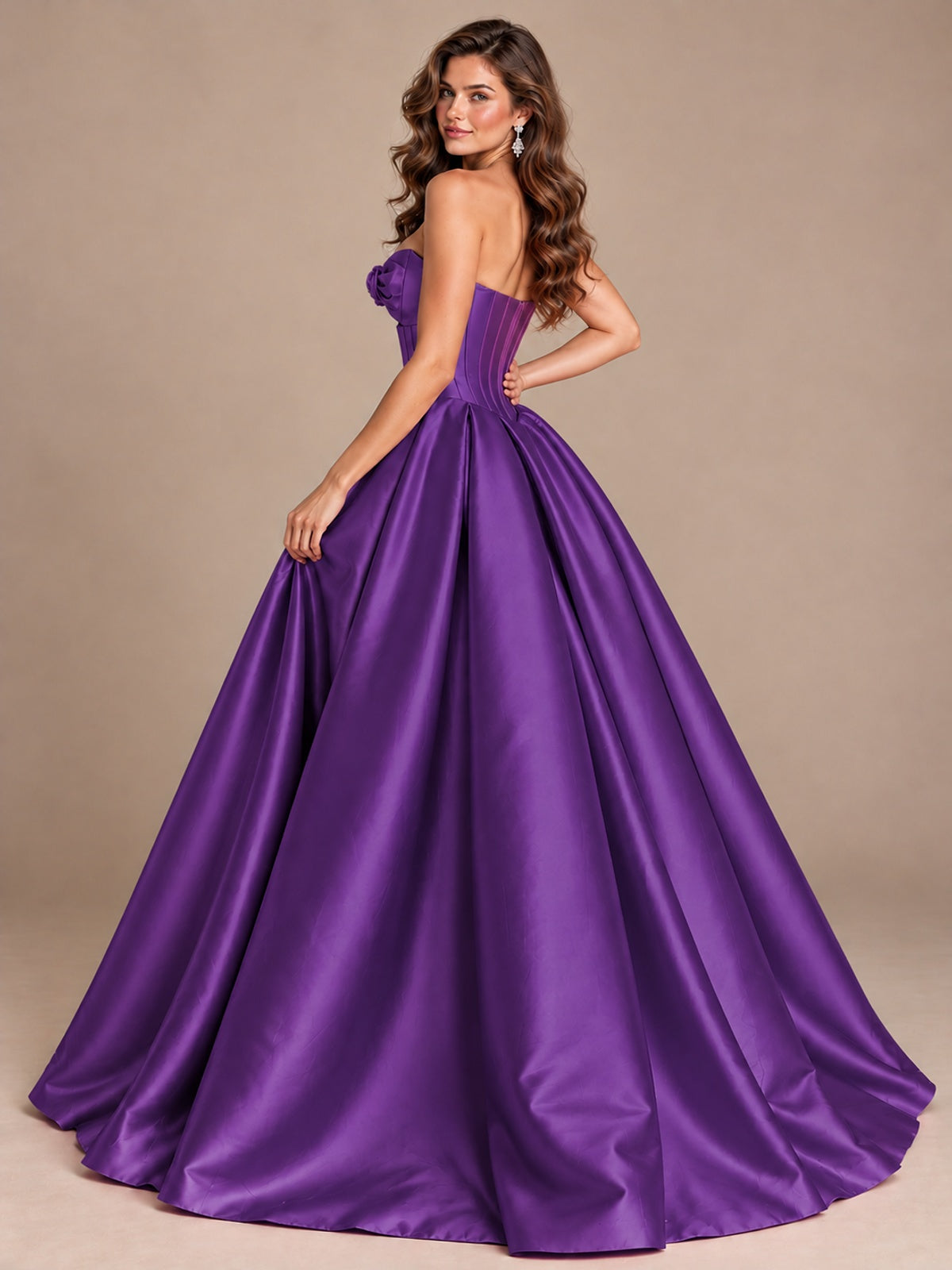 Pink Strapless Corset Satin Prom Derss & Ball Gown with 3D Floral