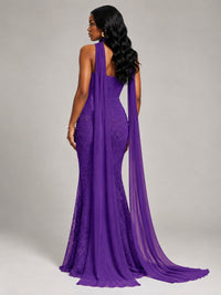 Pleated Chiffon Lace Prom Dresses Long Bodycon Mermaid with Scarf
