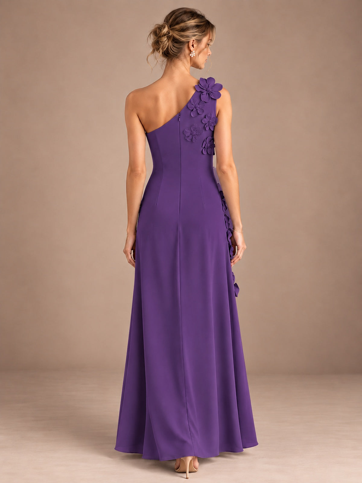 Sage Green One Shoulder Satin Formal Maxi Dress with 3D Floral