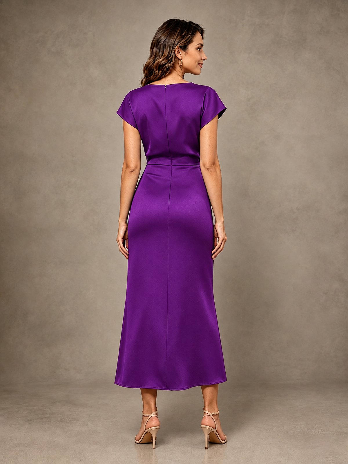 Cowl Neck Satin Mother of the Bride Dress with Ruched Waist