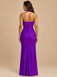 Halter V-Neck Sequin Mermaid Prom Dress with High Slit