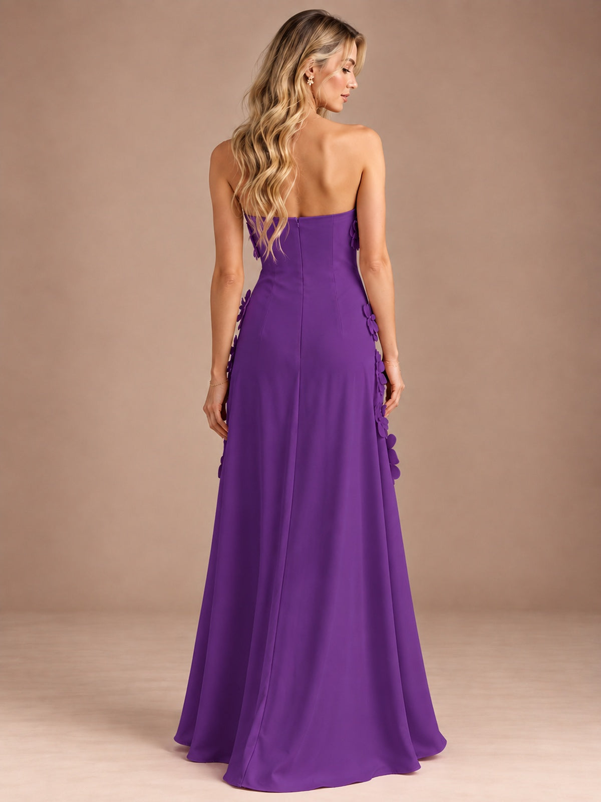 Yellow Strapless A-line Satin Maxi Dress with 3D Floral