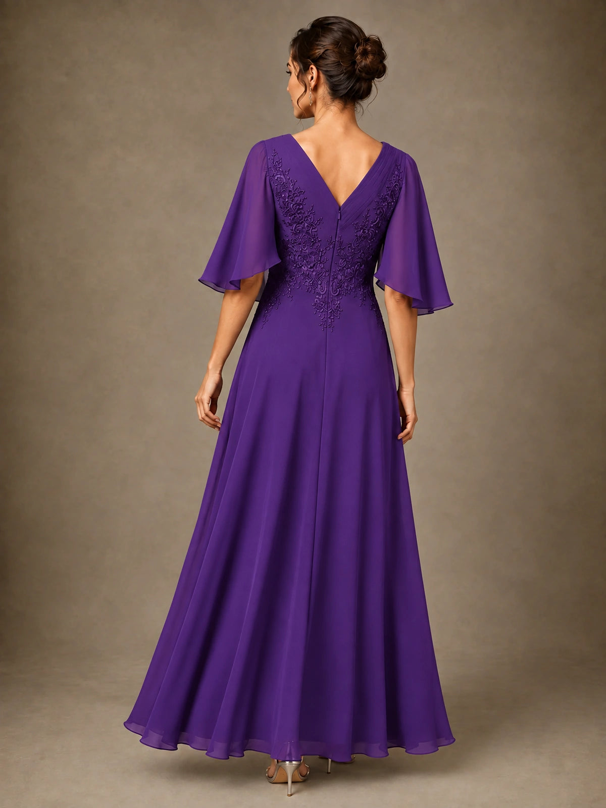 V-Neck Chiffon Lace Mother of the Bride Dress with Flutter Sleeves