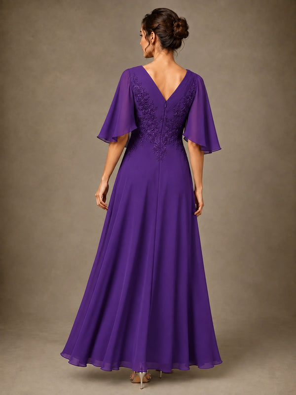 V-Neck Chiffon Lace Mother of the Bride Dress with Flutter Sleeves