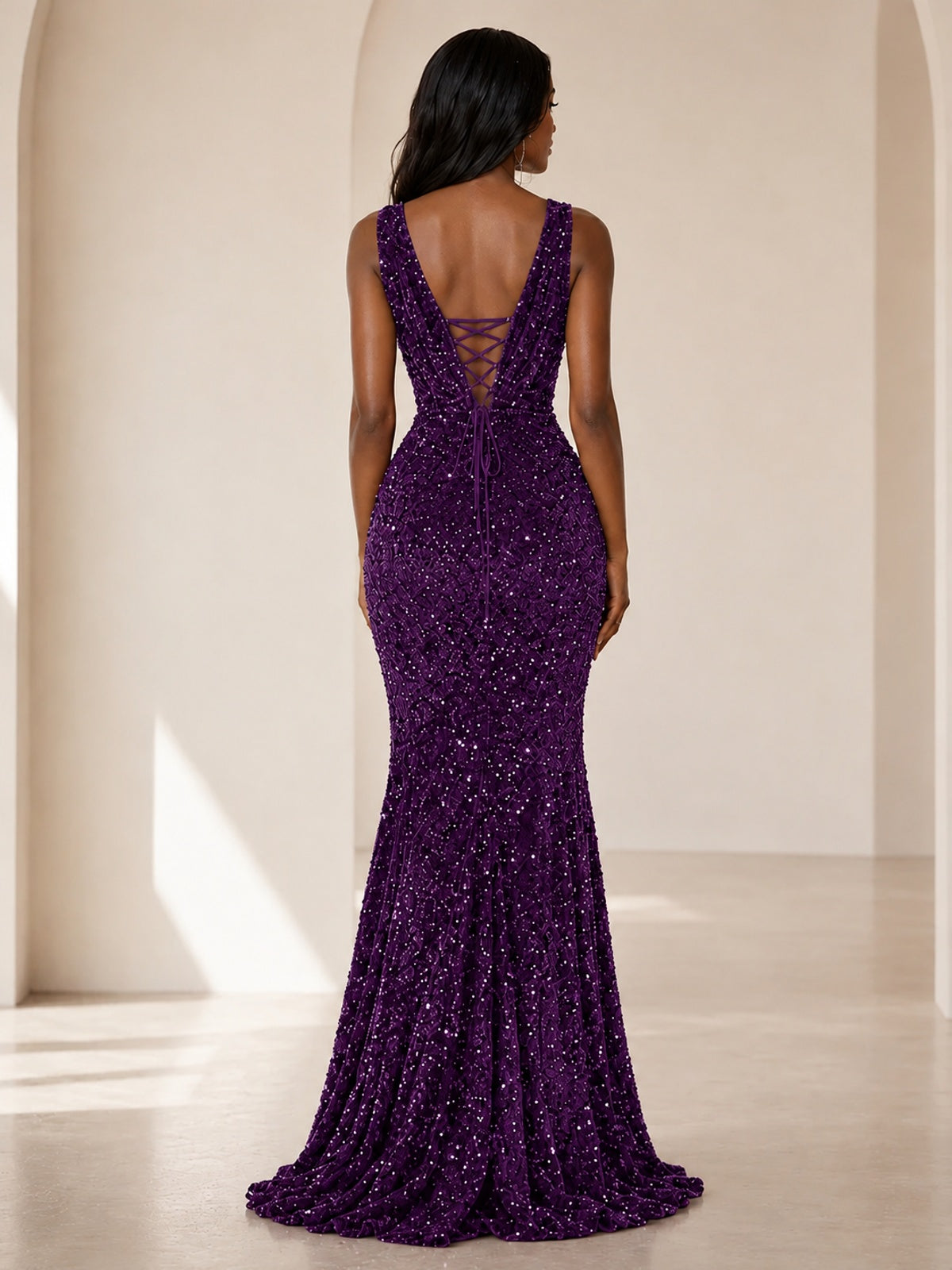 Sequin Mermaid Prom Dress with V-Neck and Ruched Waist