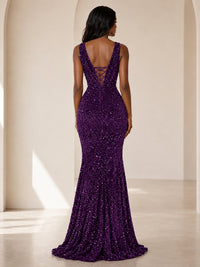 Sequin Mermaid Prom Dress with V-Neck and Ruched Waist