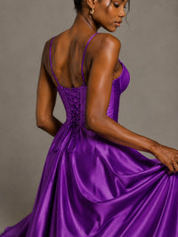 Lavender V Neck Satin Prom Dress with Spaghetti Straps