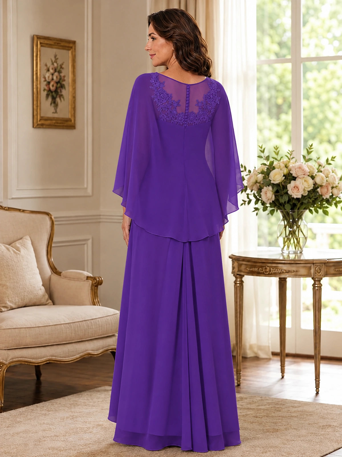 Elegant Chiffon Mother of the Bride Dress with Lace Applique and Cape Sleeves