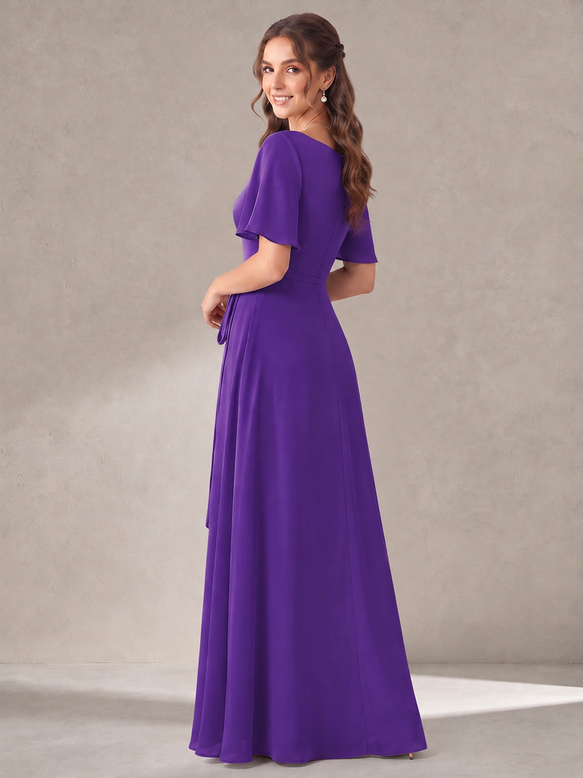Scoop Neck A-line Chiffon Bridesmaid Dress with Flutter Sleeve & Belt
