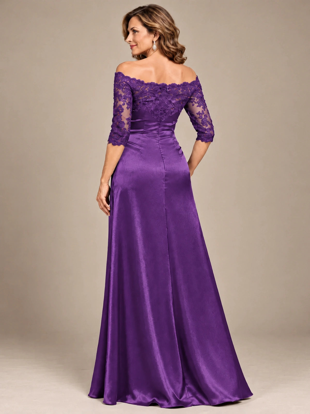 Satin Mother of the Bride Dress with Lace Sleeves Off Shoulder Formal Gown