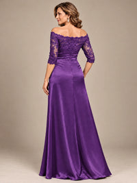 Satin Mother of the Bride Dress with Lace Sleeves Off Shoulder Formal Gown