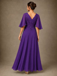 V-Neck Chiffon Lace Mother of the Bride Dress with Flutter Sleeves