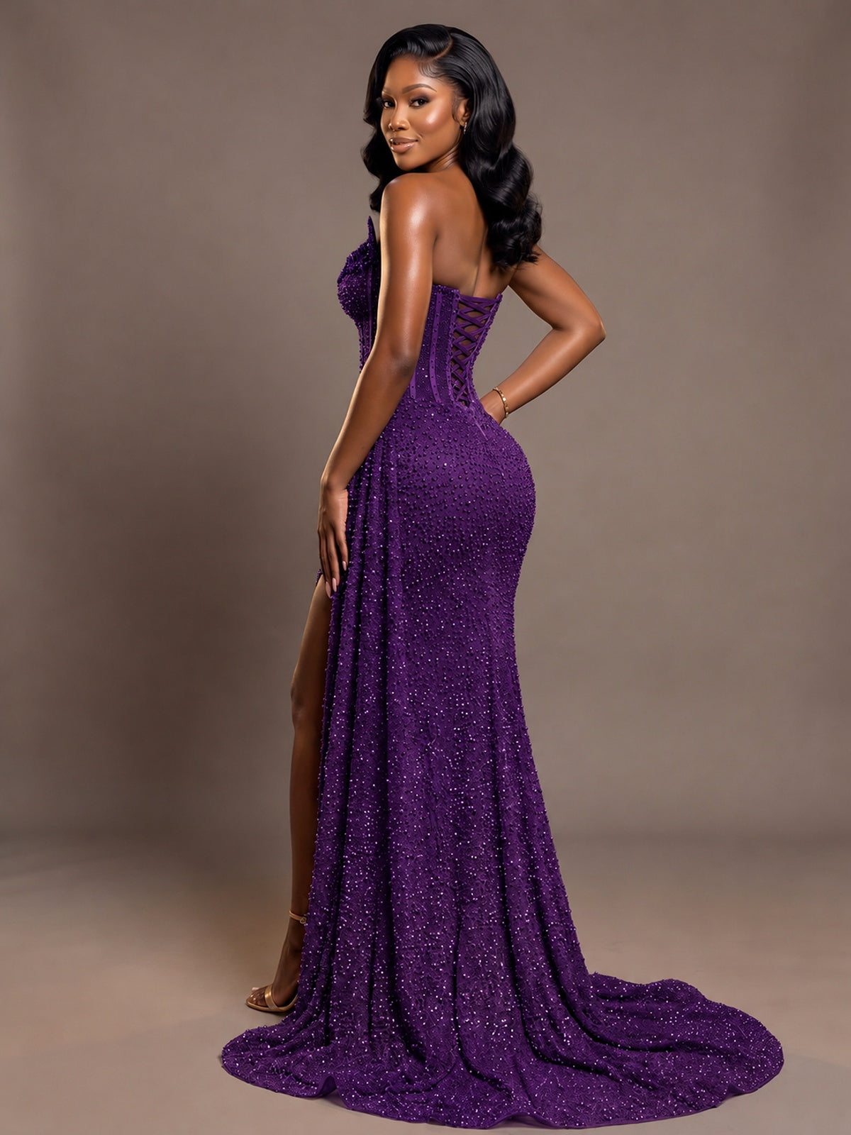 Luxury Strapless Sequin Corset Mermaid Prom Dress with High Slit & Train