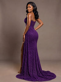 Luxury Strapless Sequin Corset Mermaid Prom Dress with High Slit & Train