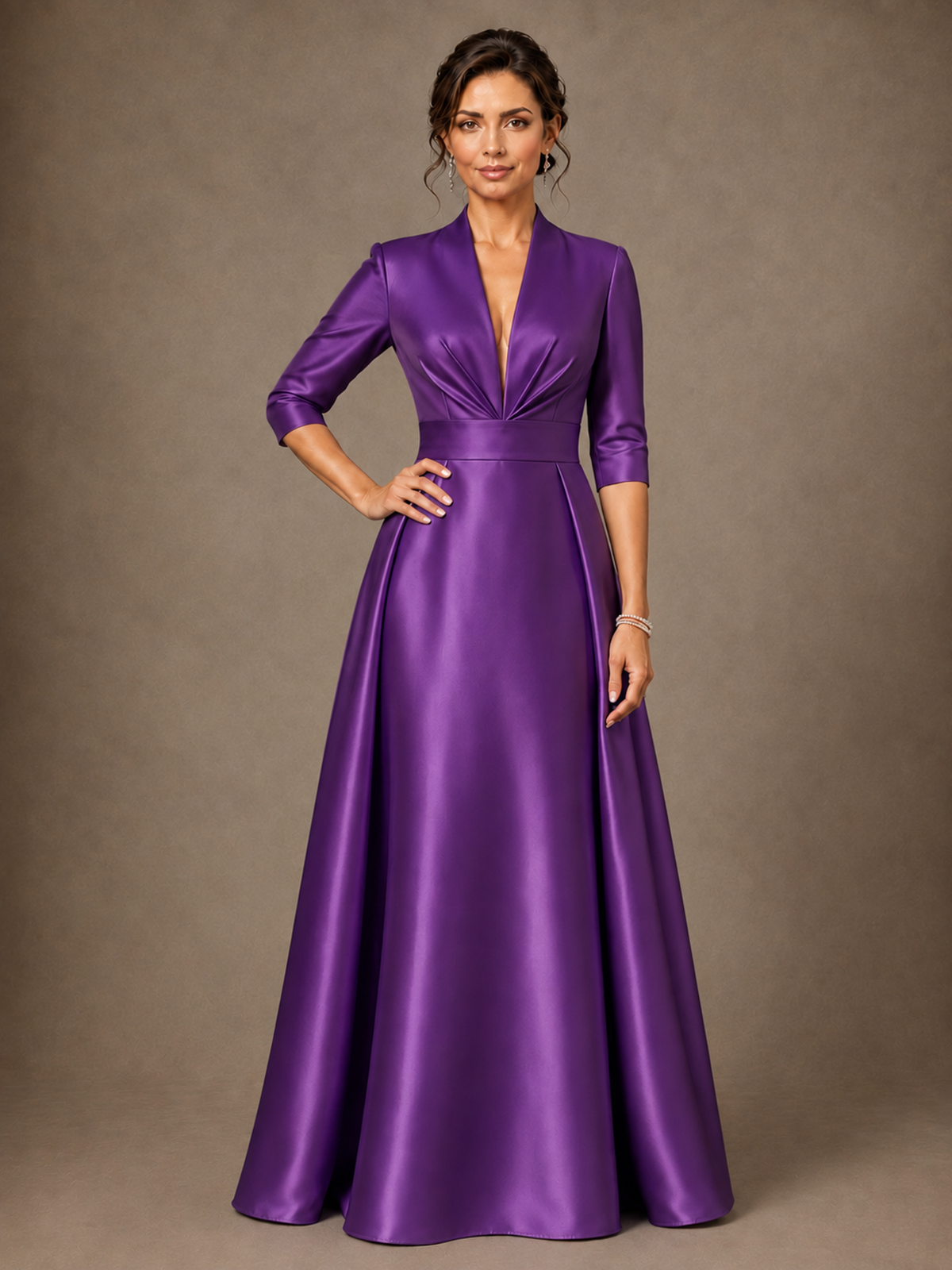 V-Neck Pleated Satin Mother of the Bride Gown with 3/4 Sleeves