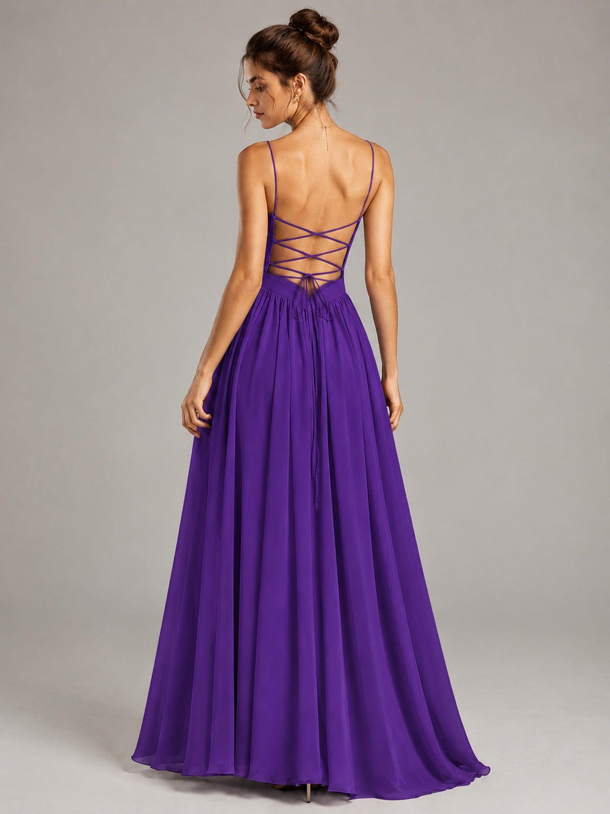 Spaghetti Strap Ruched Chiffon Maxi Dress with Backless