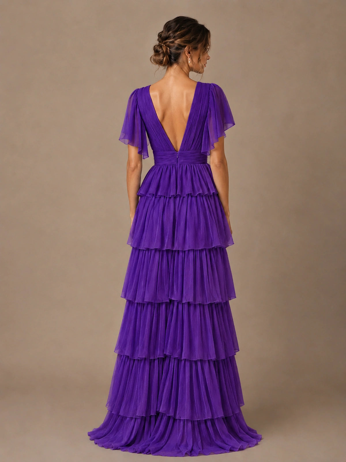 Chiffon V-Neck Tiered Ruffle Bridesmaid Dress with Slit