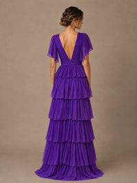 Chiffon V-Neck Tiered Ruffle Bridesmaid Dress with Slit