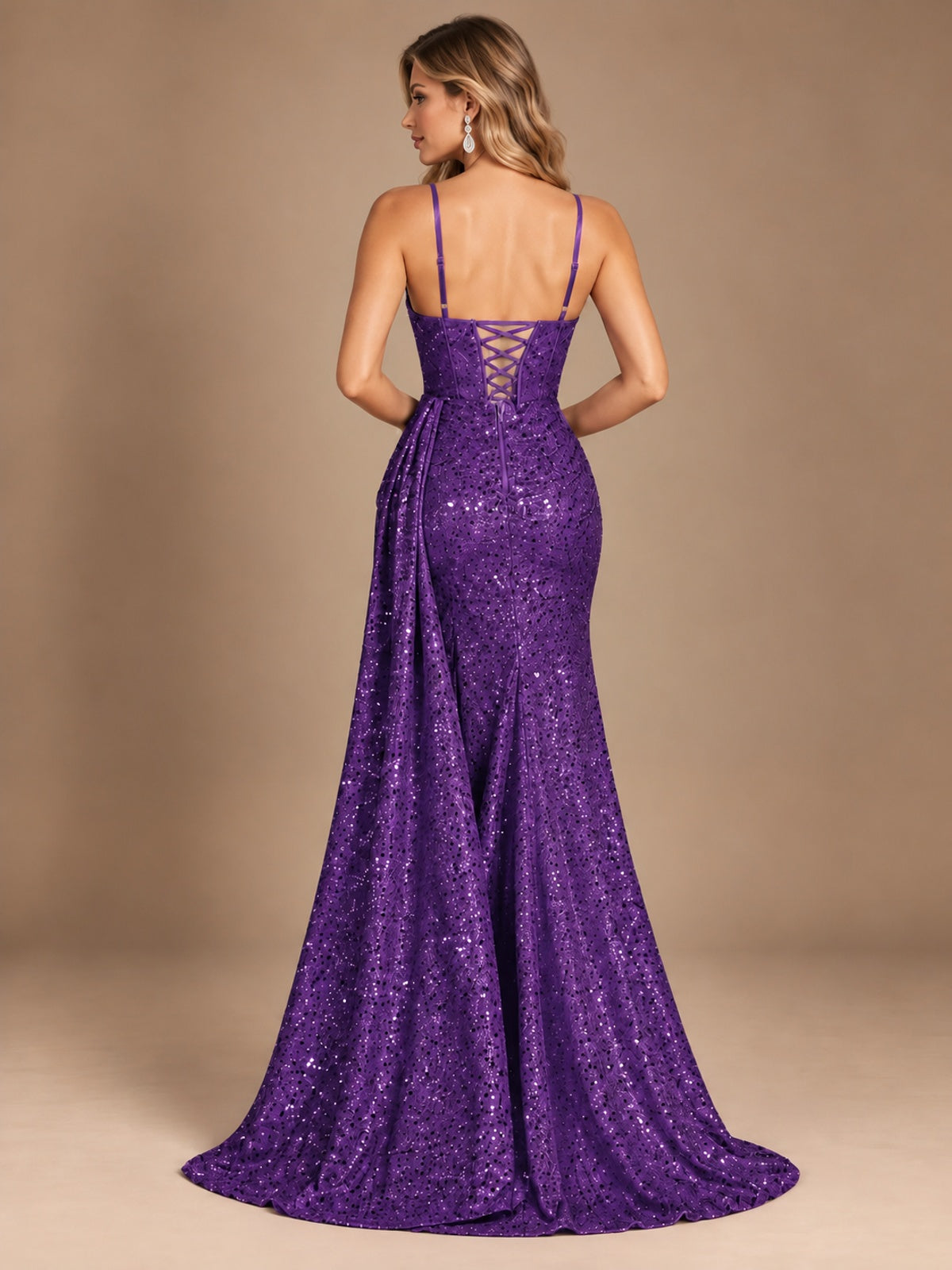 Burgundy Sequin Corset Prom Dress with High Slit
