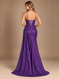 Burgundy Sequin Corset Prom Dress with High Slit