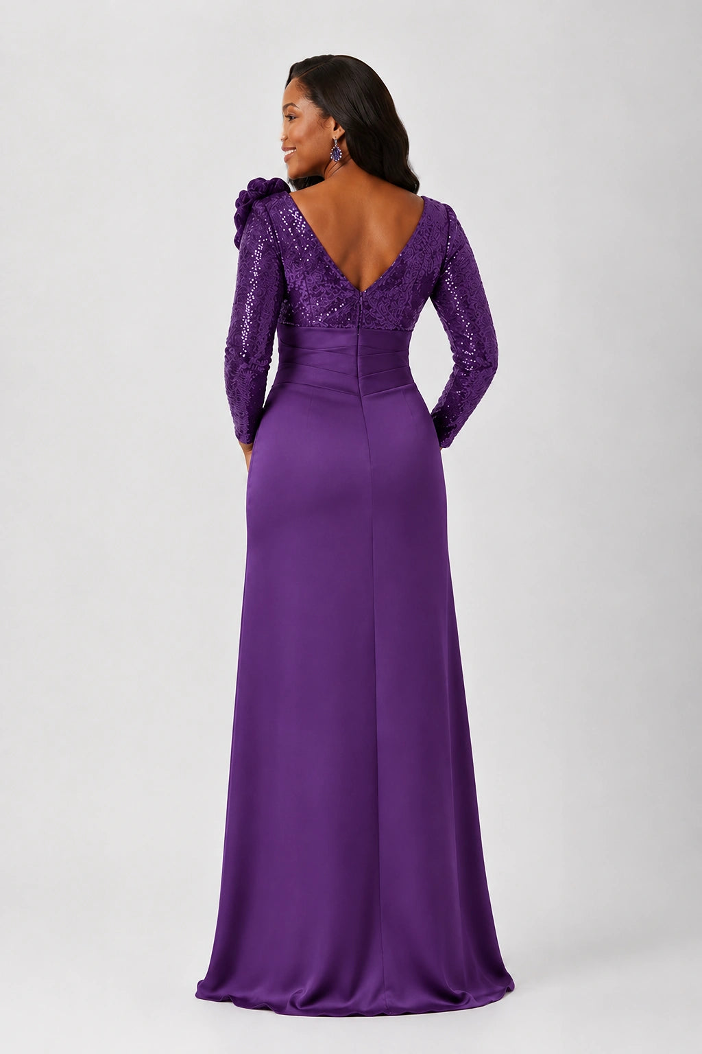 Sequin Mother of the Bride Dress with Long Sleeves 3D Floral V-Neck Gown