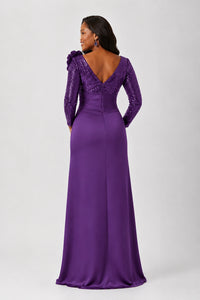 Sequin Mother of the Bride Dress with Long Sleeves 3D Floral V-Neck Gown