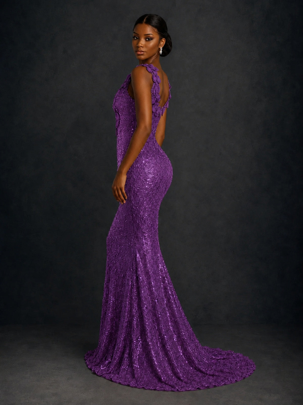 Gold Sequin Floral Applique Mermaid Prom Dress