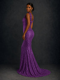 Gold Sequin Floral Applique Mermaid Prom Dress