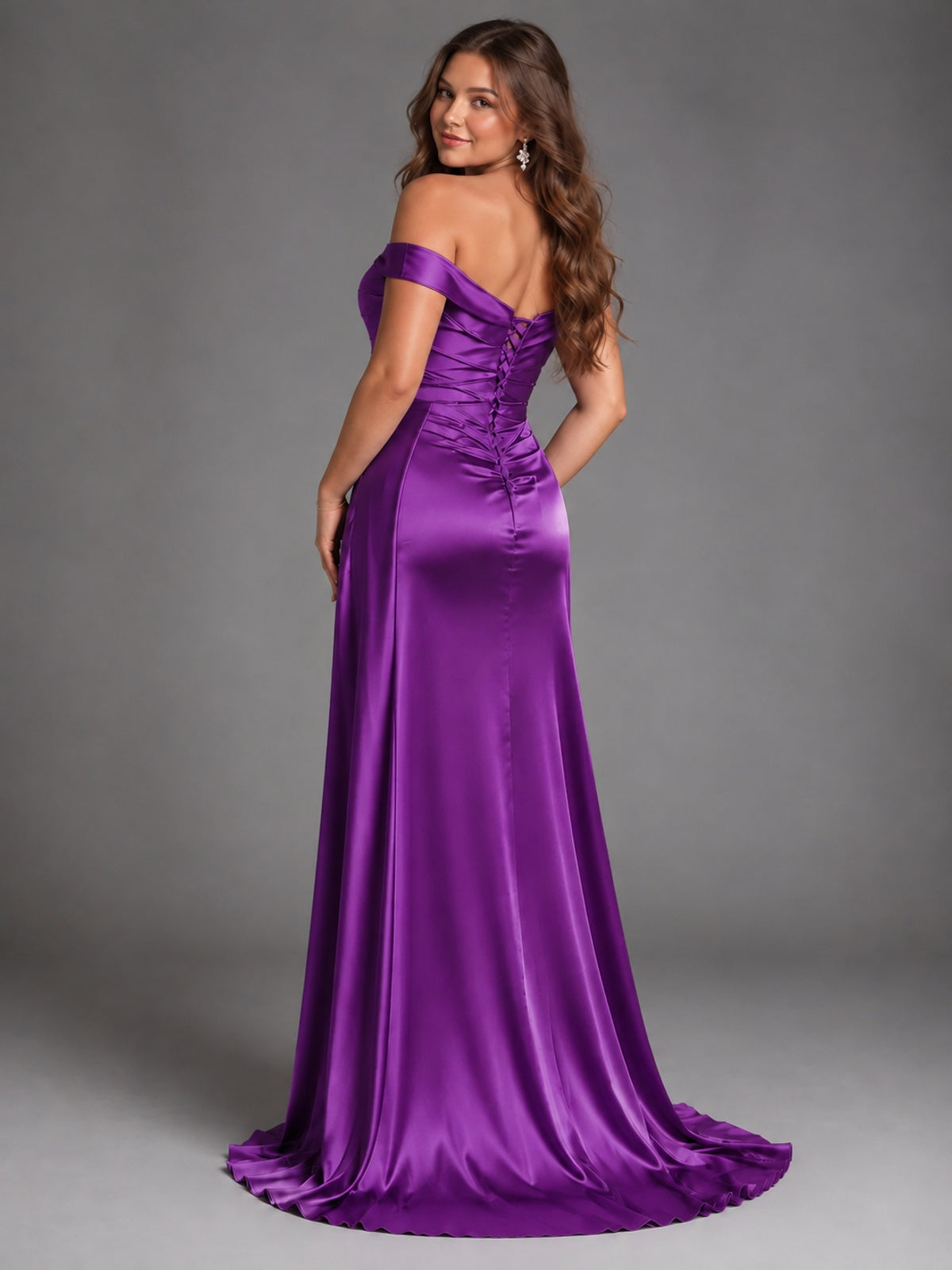 Off Shoulder Satin Maxi Dress with Slit