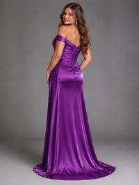 Off Shoulder Satin Maxi Dress with Slit