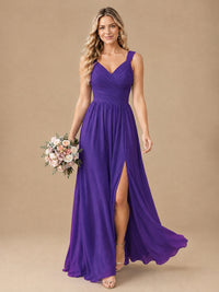 Pleated Chiffon V Neck Wedding Bridesmaid Dresses Floor Length with Slit