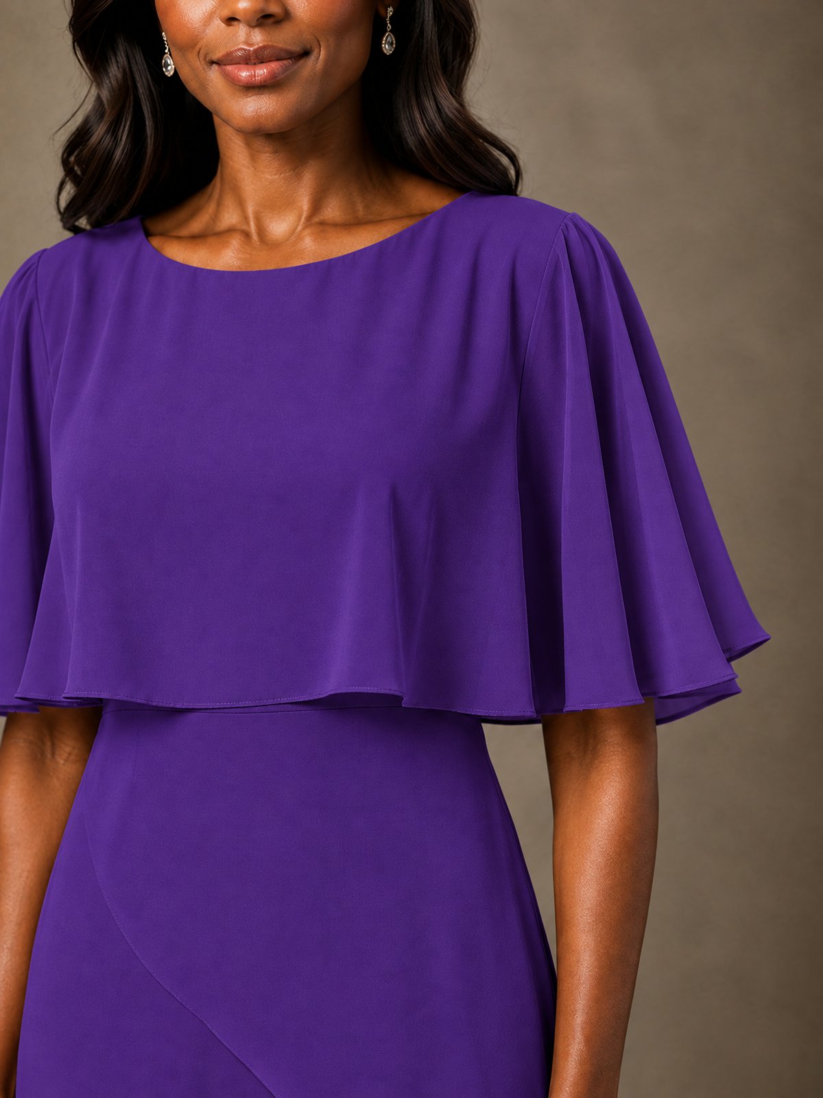 Taupe Chiffon A-Line Mother of the Bride Dress with Cape Sleeves
