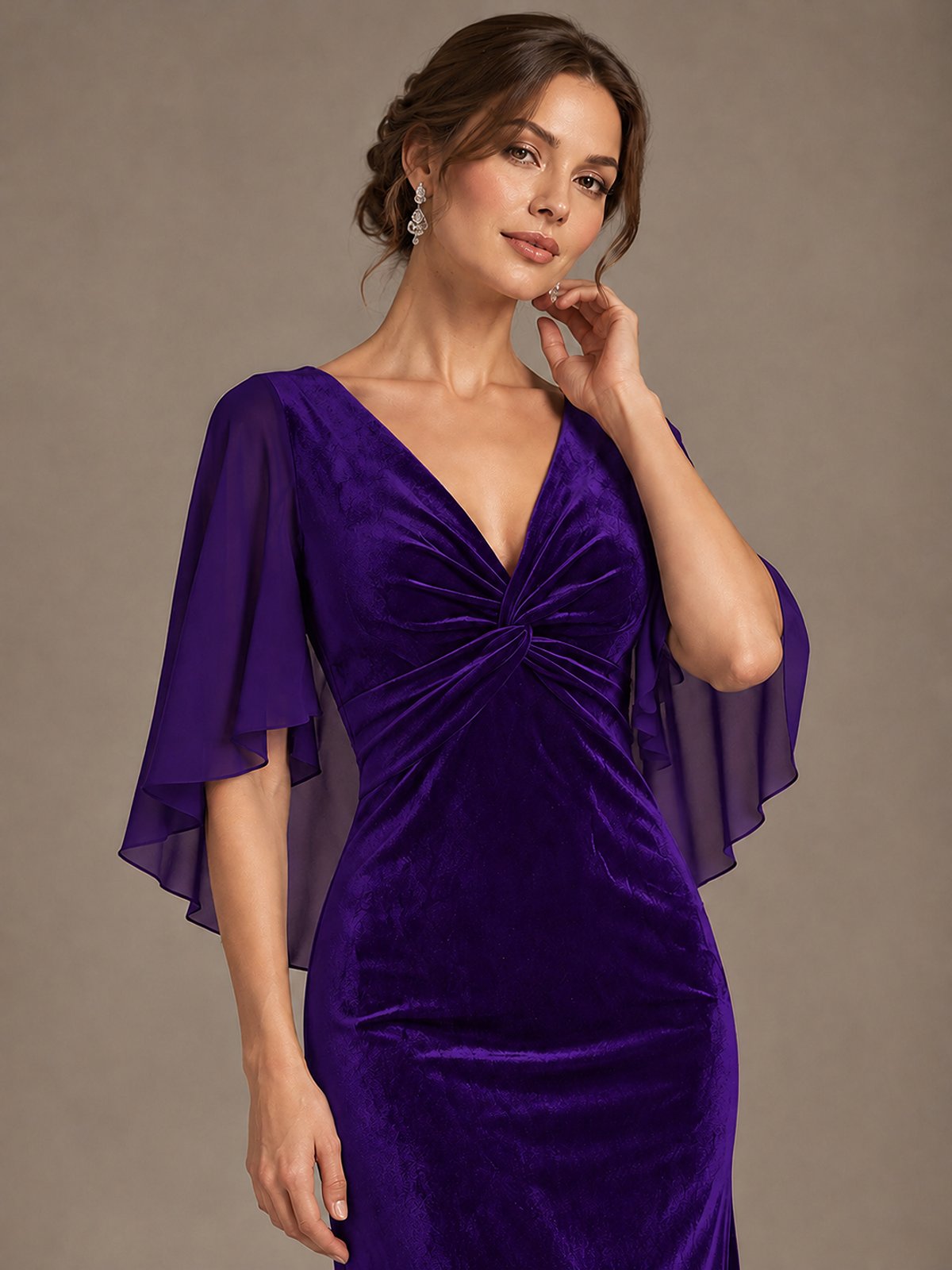 Navy Blue Velvet V Neck Mermaid Formal Dress with Flutter Cape Sleeves