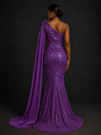 Gold Sequin One Shoulder Mermaid Prom Dress with Cape