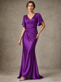 V-Neck Satin Mother of the Bride Dress with Flutter Sleeves